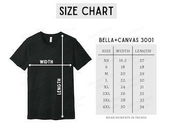 Bella Canvas 3001 Size Chart, Black Cotton T-Shirt Size Chart, 3001 Size Chart (Includes Unbranded Version)