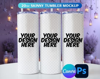 Halloween-mockup för tumbler: 20oz smal tumbler, Canva och Photoshop-mall