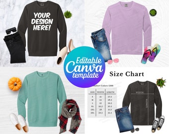 May include: A size chart for a long-sleeved sweatshirt in various colors, including black, purple, and teal. The chart shows the width and length measurements in inches for sizes S through 3XL.