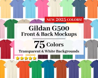 Peut inclure: Présentation de t-shirts Gildan G500 de différentes couleurs, dont le jaune, le bleu, le rose et le vert. L'image présente des maquettes avec le texte "NEW 2025 COLORS !" et "75 Colors".