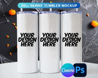Halloween-mockup för tumbler: 20oz smal tumbler, mall för Photoshop och Canva