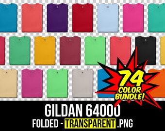 Op de afbeelding: 74 gevouwen Gildan 64000 T-shirts in verschillende kleuren. De T-shirts zijn in rijen op een transparante achtergrond gelegd.