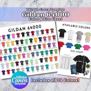 Bearbeitbare Gildan 64000 Farbkarte, Canva-Vorlage, G640-Farbkarte, 64000-Größentabelle