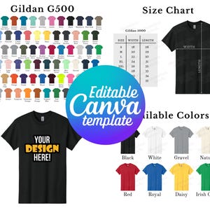 Editable Gildan G500 Color Chart & Size Chart, Canva Template, 5000 Color Chart Template, G500 Size Chart, Mockup Bundle