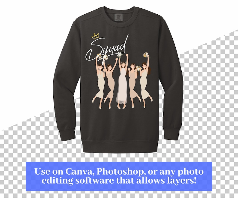 May include: Black sweatshirt with a white graphic of a group of women in white dresses holding flowers and the word "Squad" with a crown above it.