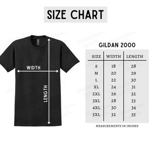 Gildan 2000 Size Chart, Black Cotton T-Shirt Size Chart, 2000 Size Chart (Includes Unbranded Version)