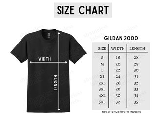Gildan 2000 Size Chart, Black Cotton T-Shirt Size Chart, 2000 Size Chart (Includes Unbranded Version)