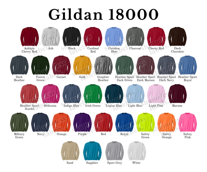 May include: A color chart of Gildan 18000 sweatshirts, showing 36 different colors. The colors are arranged in rows and columns, with each color having a name label below it.