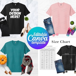 Może przedstawiać: Kolekcja t-shirtów w kolorze czarnym, turkusowym i różowym, z dżinsami, butami i akcesoriami. Czarny t-shirt ma napis "YOUR DESIGN HERE!". Dołączona jest również tabela rozmiarów z wymiarami w cm.