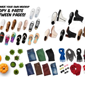 K&ouml;nnte beinhalten: Eine Sammlung verschiedener Schuhe, Kleidung und Accessoires, darunter Sneaker, Sandalen, Stiefel, Jeans, Hosen, Schals, Sonnenbrillen und eine Weihnachtsmannm&uuml;tze. Gestalten Sie Ihr eigenes Mockup, kopieren und f&uuml;gen Sie zwischen den Seiten ein.