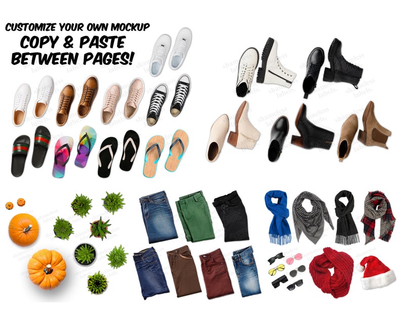 K&ouml;nnte beinhalten: Eine Sammlung verschiedener Schuhe, Kleidung und Accessoires, darunter Sneaker, Sandalen, Stiefel, Jeans, Hosen, Schals, Sonnenbrillen und eine Weihnachtsmannm&uuml;tze. Gestalten Sie Ihr eigenes Mockup, kopieren und f&uuml;gen Sie zwischen den Seiten ein.