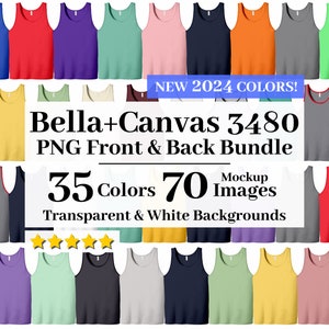 Paquete de maquetas PNG Bella Canvas 3480, fondos transparentes y blancos, todos en 35 colores de alta resolución, maquetas de camisetas sin mangas 3480