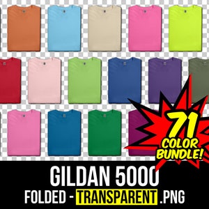 May include: 71 folded t-shirts in various colors, including red, blue, green, yellow, and pink. Gildan 5000 Folded - Transparent .PNG