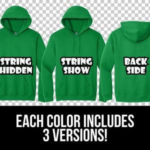 Puede incluir: Tres sudaderas con capucha verdes con diferentes textos en la parte delantera y trasera. El texto en la parte delantera de las sudaderas dice "String Hidden", "String Show" y "Back Side".