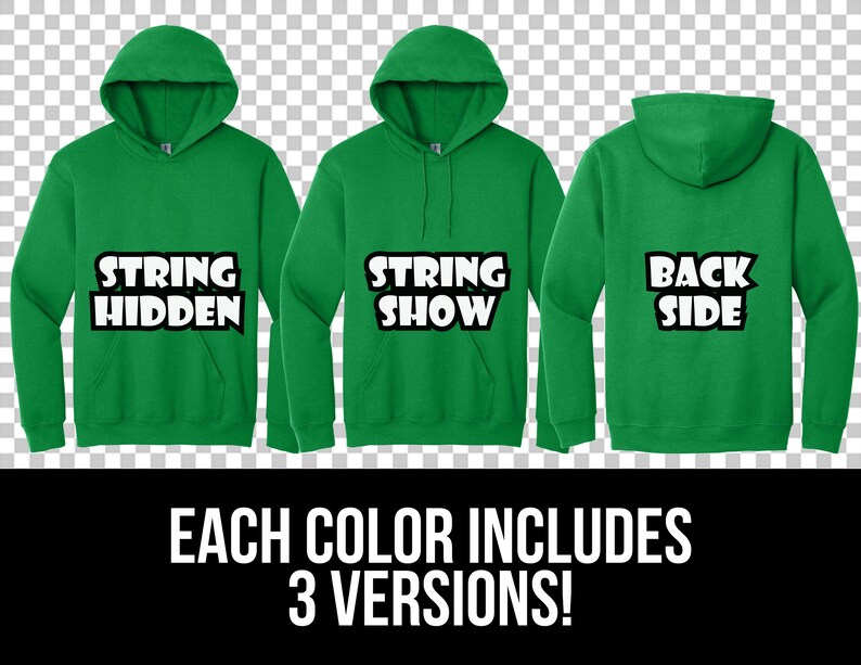 Puede incluir: Tres sudaderas con capucha verdes con diferentes textos en la parte delantera y trasera. El texto en la parte delantera de las sudaderas dice "String Hidden", "String Show" y "Back Side".