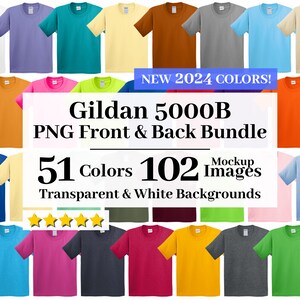 Könnte beinhalten: Eine Sammlung von 51 verschiedenen farbigen Gildan 5000B T-Shirts mit 102 Mockup-Bildern, die sowohl Vorder- als auch Rückansichten zeigen. Die T-Shirts werden auf transparenten und weißen Hintergründen angezeigt.  NEUE FARBEN 2024!