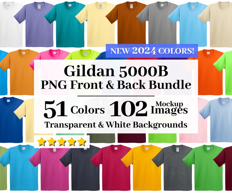 May include: A collection of 51 different colored Gildan 5000B t-shirts, with 102 mockup images, featuring both front and back views. The t-shirts are displayed on transparent and white backgrounds.  NEW 2024 COLORS!