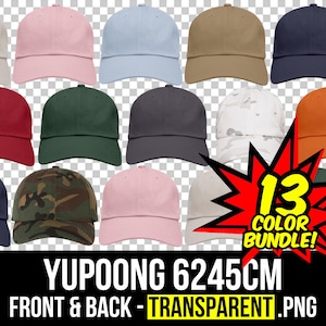 Puede incluir: Un conjunto de 13 gorras de béisbol en blanco en varios colores, incluyendo negro, blanco, rojo, azul, verde, marrón y rosa. Las gorras están dispuestas en dos filas, con el texto "13 Color Bundle!" en un círculo rojo con una estrella blanca en el centro. El texto "YUPOONG 6245CM FRONT & BACK - TRANSPARENT.PNG" está en la parte inferior de la imagen.