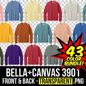 以下が含まれることがあります： ピンク、青、黄色、赤、緑など、さまざまな色の43枚のクルーネックセーターのコレクション。セーターは行と列に配置されています。画像には「43 COLOR BUNDLE！」と「BELLA+CANVAS 3901 FRONT & BACK - TRANSPARENT .PNG」というテキストが含まれています。