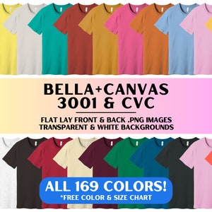 May include: A collection of 169 Bella + Canvas 3001 and CVC t-shirts in various colours. The t-shirts are laid flat and photographed from the front and back. The images are available with transparent and white backgrounds.  "ALL 169 COLORS! *FREE COLOUR & SIZE CHART"