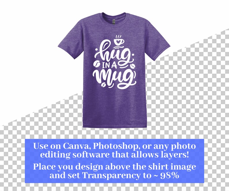 Puede incluir: Camiseta morada con un gr&aacute;fico blanco que dice "hug in a mug" con un dise&ntilde;o de taza de caf&eacute; y vapor.