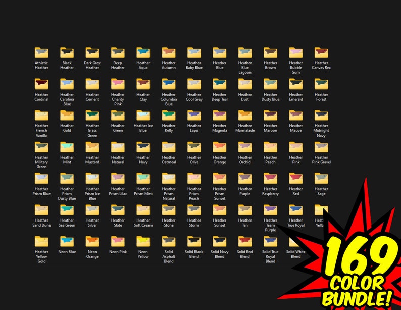 K&ouml;nnte beinhalten: Eine visuelle Darstellung von 169 verschiedenen Farboptionen f&uuml;r Stoffe. Die Farben werden in einem Raster von Ordnern angezeigt, wobei jeder Ordner mit dem Farbnamen beschriftet ist. Die Farben reichen von Grundt&ouml;nen wie Schwarz und Wei&szlig; bis hin zu lebendigeren Farbt&ouml;nen wie Neonrosa und T&uuml;rkis.