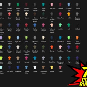 May include: A graphic showcasing a 75-color bundle of t-shirts. Each shirt is displayed with its color name, ranging from Aquatic Blue to Zinnia. The image includes a red and yellow burst graphic with the text "75 COLOR BUNDLE!"