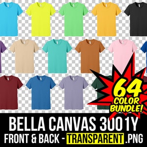 May include: A collection of 64 Bella Canvas 3001Y t-shirts in various colors. The shirts are shown in front and back views, with a transparent background. The text "64 Color Bundle!" is displayed in a red starburst.