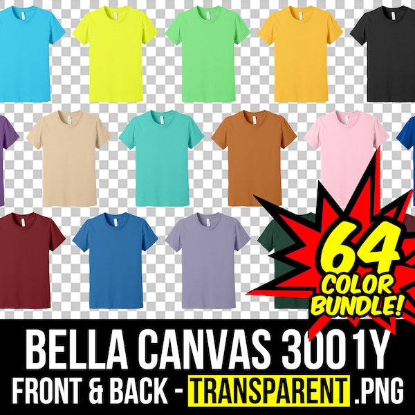 Bella Canvas 3001Y Front and Back Mockup Bundle, Youth T Shirt Mockup PNG, 3001Y Transparent, Front and Back 3001YCVC, Mock Up Bundle