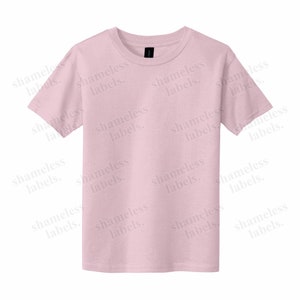 May include: A pink t-shirt with the words "shameless labels" repeated in a pattern across the front.