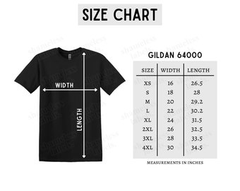 Gildan 64000 Size Chart, G640 Black Cotton T-Shirt Size Chart, 64000 Size Chart (Includes Unbranded Version)