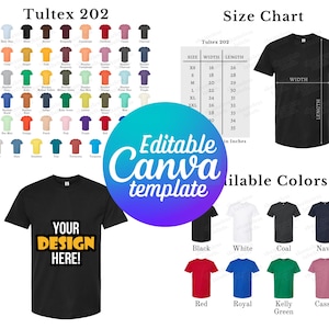 May include: A black t-shirt with the text "YOUR DESIGN HERE!" in a yellow and black box. The image also shows a size chart, color options, and a color chart of available t-shirt colors.
