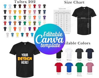 Tabla de colores y tallas de Tultex 202, plantilla editable de Canva, tabla de tallas de Tultex 202, maqueta de Tultex 202, tabla de colores de Tultex