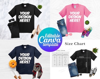 Editable Gildan 5000B Mockup, Canva Template, G500B Mockup Template, 5000B Size Chart, Youth Gildan Mockup Bundle