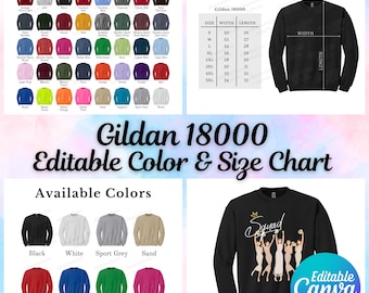 Gildan 18000 Size Chart & Color Chart, Editable Canva Template, G180 Size Chart, G180 Color Chart, Gildan 18000 Bundle