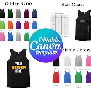 Gildan 5200 Color Chart & Size Chart, Editable Canva Template, Gildan 5200 Size Chart, Gildan G520 Mockup, Gildan Color Chart