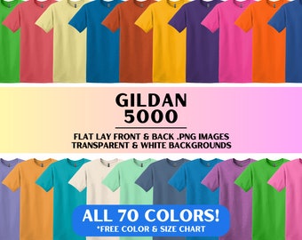Gildan 5000 Front Back PNG Mockup Bundle, ALL 2024 Colors Tshirt Bundle Mock Up, G500 Blank Flat Lay Mockups