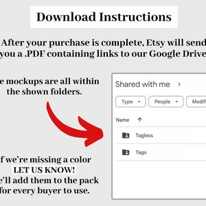 Op de afbeelding: Downloadinstructies voor digitale mockups. Na aankoop ontvang je een PDF met links naar een Google Drive-map met de mockups. De mockups zijn georganiseerd in mappen. Als een kleur ontbreekt, neem dan contact op met de verkoper om deze aan te vragen.