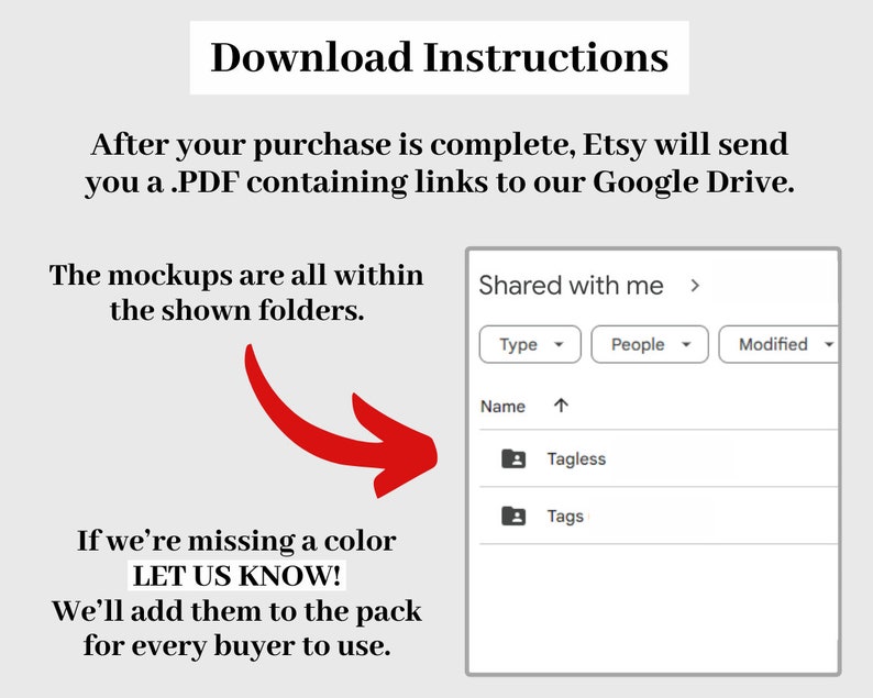 Op de afbeelding: Downloadinstructies voor digitale mockups. Na aankoop ontvang je een PDF met links naar een Google Drive-map met de mockups. De mockups zijn georganiseerd in mappen. Als een kleur ontbreekt, neem dan contact op met de verkoper om deze aan te vragen.