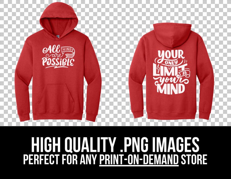 Puede incluir: Sudadera con capucha roja con texto blanco en la parte delantera que dice "All things are possible" y texto blanco en la parte trasera que dice "Your only limit is your mind".