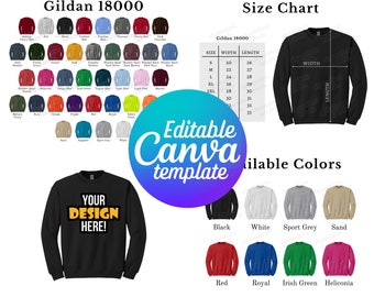 Editable Gildan 18000 Color Chart & Size Chart, Canva Template, G180 Color Chart Template, 18000 Size Chart, Mockup Bundle