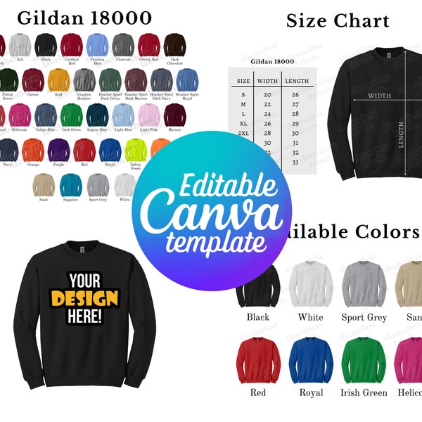 Editable Gildan 18000 Color Chart & Size Chart, Canva Template, G180 Color Chart Template, 18000 Size Chart, Mockup Bundle