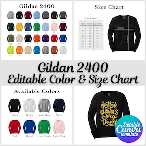 Gildan 2400 Color Chart & Size Chart, Editable Canva Template, G240 Color Chart, G240 Size Chart, Gildan 2400 Bundle
