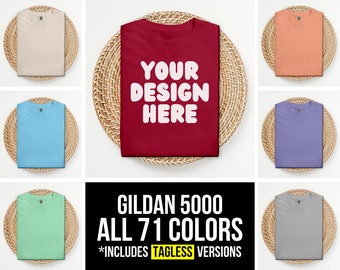 Bundle di mockup Gildan 5000 piegato, bundle di mockup di magliette piegate, tutti i 71 colori, mockup di magliette Boho Flat Lay, G500