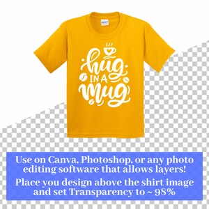 May include: A yellow t-shirt with a white graphic that says "hug in a mug" with a coffee cup icon above the text.