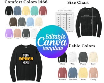 Redigerbara Comfort Colors 1466 färgkarta och storlekstabell, Canva-mall, CC 1466-mall, CC 1466 storlekstabell, mockup-paket