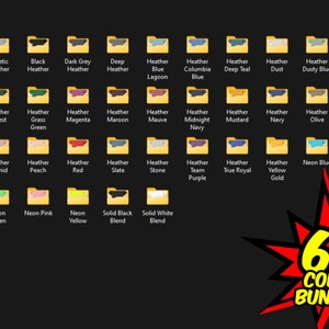 May include: A collection of 64 color folders with names like Heather Forest, Heather Midnight Navy, Heather True Royal, and Neon Blue. The folders are arranged in a grid pattern on a dark background. The text "64 COLOR BUNDLE!" is in a red starburst shape at the bottom of the image.