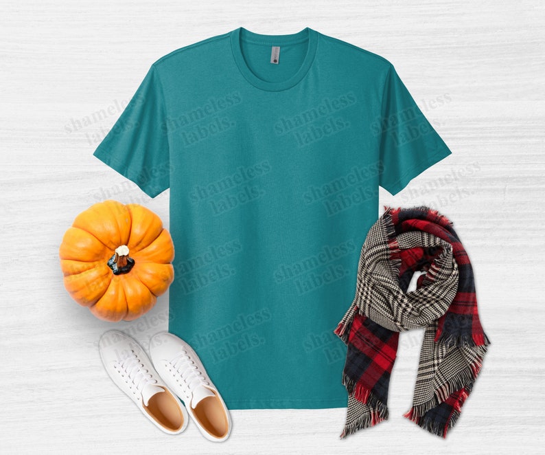 May include: A teal crew neck t-shirt is displayed with a small orange pumpkin, a red, black, and white plaid scarf, and a pair of white sneakers. The words "shameless labels" are watermarked across the image.