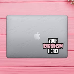 Laptop Sticker Mockup Pink Wood Valentine's Day Background Top View Back Cover Macbook Sticker Mock Up JPG Stock Photo Digital Download
