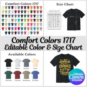 May include: A graphic featuring a Comfort Colors 1717 color chart, size chart, and available colors. The size chart shows measurements in inches. A black t-shirt displays the text "gratitude changes everything."